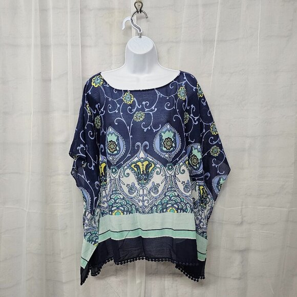 Talbots Blue Green Peasant Blouse Silk Blend Boho Festival Retro L - Picture 1 of 10